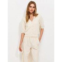 New Look Ribbed Knit Puff Sleeve Cardigan - Cream