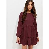 New Look Crinkled Long Sleeve Smock Mini Dress - Red