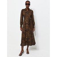 New Look Animal Print Long Sleeve Midi Shirt Dress - Brown