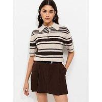 New Look Multi Striped Ribbed Short Sleeve Polo Top - Brown