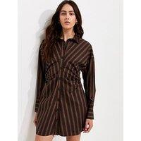New Look Cotton Striped Mini Shirt Dress - Brown