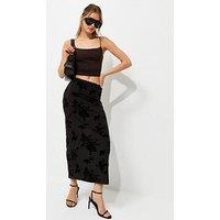 New Look Floral Flock Lace Mesh Midi Skirt - Black