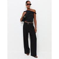 New Look Belt Detail Ribbed Crinkle Texture Wide Leg Trousers - Black