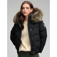 Superdry Womens Everest Faux-Fur Hood Padded Bomber Jacket - Black