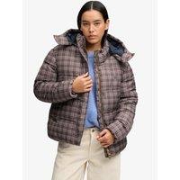 Superdry Womens Premium Printed Check Hooded Puffer Jacket - Brown