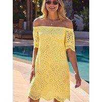 Sosandar Lemon Broderie Bardot Dress - Yellow