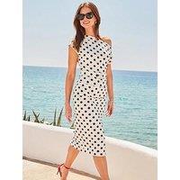 Sosandar Polka Dot Print Off The Shoulder Dress - White