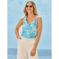 Sosandar Leopard Print Satin Cowl Neck Top With Gold Detail - Blue