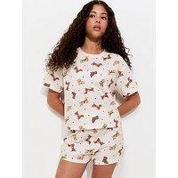 New Look 915 Girls Cream Cotton Sausage Dog Print T-Shirt And Shorts Pyjama Set