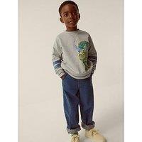 Monsoon Boys' Dinosaur Graphic Sweatshirt With Striped Sleeve Detail - Grey