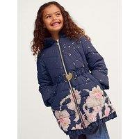 Monsoon Girls Padded Aurora Bow Floral Coat - Navy