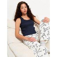 New Look 915 Girls Bow Print Lace Trim Cami Pyjama Set - Navy