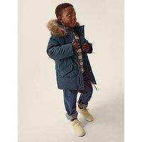 Monsoon Boys' Mid Length Puffer Coat With Faux Fur Hood - Navy