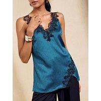 Friends Like These Satin Effect V-Neck Lace Trim Cami Top - Blue