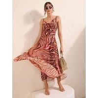 Friends Like These Brown/Pink Chiffon Cowl Neck Printed Midi Dress