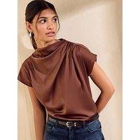 Friends Like These Chocolate Brown Satin Drape Neck Blouse