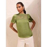 Friends Like These Olive Green Short Sleeve Lace Yoke Detail Blouse