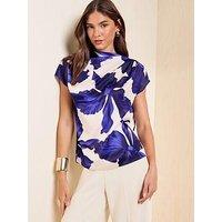Friends Like These Blue Floral Print Satin Drape Neck Blouse