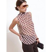 Friends Like These Check Print Sheer High Neck Tie Detail Blouse - Red