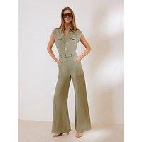 Friends Like These Olive Green Sleeveless Belted Denim Utility Jumpsuit