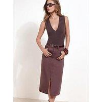 Friends Like These Mocha Brown Split Front Denim Midi Skirt