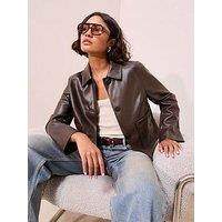 Friends Like These Faux Leather Cropped Collared Jacket - Brown