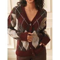 Laura Ashley Brown/Purple Argyle V-Neck Boyfriend Cardigan