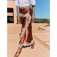 Friends Like These Bronze Asymmetric Lace Hem Satin Midi Skirt