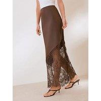 Friends Like These Brown Asymmetric Lace Hem Satin Midi Skirt