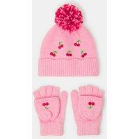 Accessorize Girls Cherry Embroidered Bobble Hat And Gloves Set - Pink