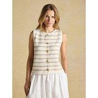 Joules Women'S Striped Button Through Knitted Vest With Embossed Metal Buttons - Cream & Oat Striped
