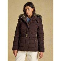 Joules Womens Aspen Belted Faux-Fur Trim Puffer Jacket - Brown