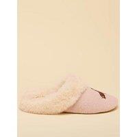 Joules Womens Faux-Fur Trim Dog Embroidery Mule Slippers - Pink