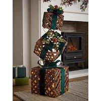 Festive Lit Light Faux Rattan Christmas & Present Stack With Green Ribbon