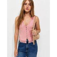 New Look Lace Trim Button Up Ribbed Vest - Pink