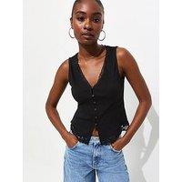 New Look Lace Trim Button Up Ribbed Vest - Black