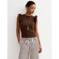 New Look Frill Sleeve Top - Brown