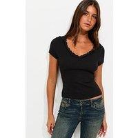 New Look Cotton Rich Ribbed Lace Trim V Neck T-Shirt - Black