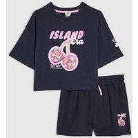 River Island Older Girls Cherry Era T-Shirt And Shorts Set - Navy
