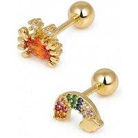 The Love Collection Gold Plated Brass Orange Crab And Rainbow Cz Screw Back Earrings Set Of 2