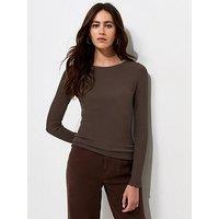 New Look Dark Brown Cotton Rich Babylock Slash Neck Long Sleeve Top
