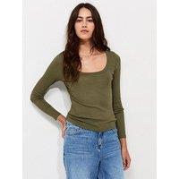 New Look Cotton Rich Long Sleeve Ribbed Scoop Neck Top - Green