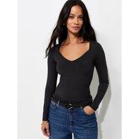 New Look Womens Slinky Jersey V-Neck Long Sleeve Top- Black