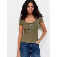 New Look Cotton Rich Ribbed Lace Trim Henley T-Shirt - Green