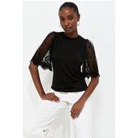 New Look Soft Touch Lace Sleeve T-Shirt - Black