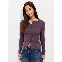 New Look Womens Ribbed Button Through Slash Neck Top - Burgundy