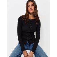 New Look Womens Rib Button Through Slash Neck Top - Black