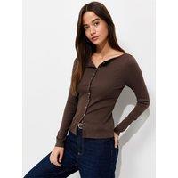 New Look Womens Ribbed Button Through Slash Neck Top - Brown
