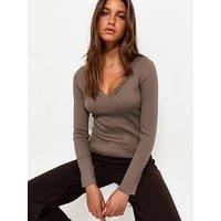 New Look Womens Cotton Rich Lace Trim Ribbed V-Neck Top- Brown