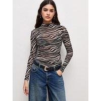 New Look Zebra Print High Neck Long Sleeve Mesh Top - Brown